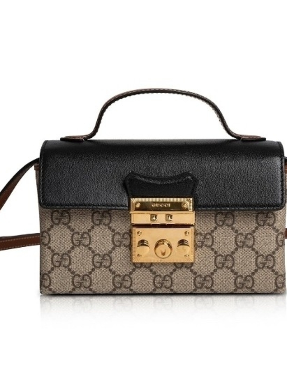 Gucci Black Leather & Brown GG Supreme Satchel with Gold Hardware